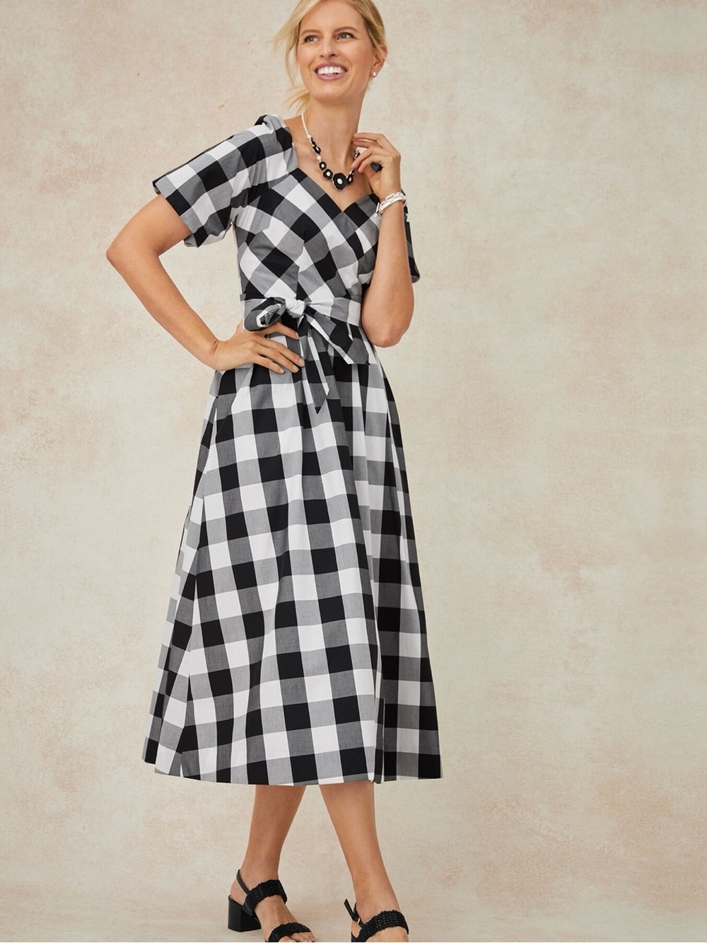 Talbots Black and White Gingham Tie-Waist Midi Dress